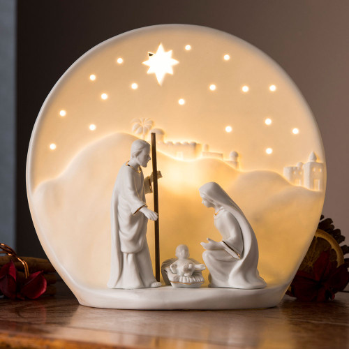 Belleek Nativity Luminaire shown with light on