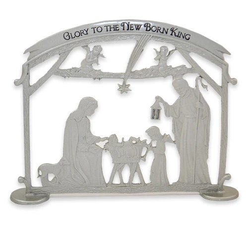 Metal Holy Family Scene with inscription "Glory to the New Born King"