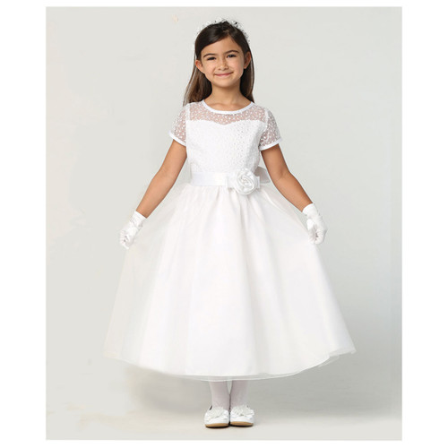 First Communion Dress Teresa with Embellished Tulle worn by model