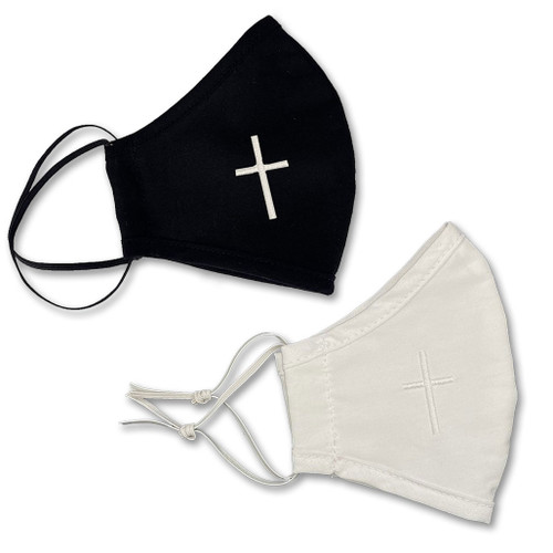 Religious Face Mask with Cross for Coronavirus pictured in white and black