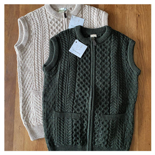 Natural and Forest Green Wool Irish Sweater Vest for Men or Women