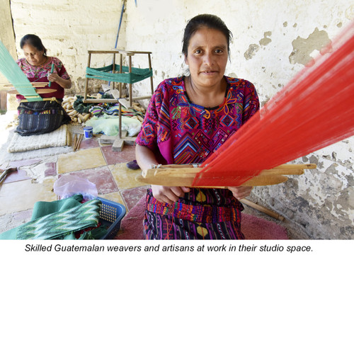 Skilled Guatemalan weavers and artisans at work in their studio space weaving SA-2 Atitlan Green Tapestry Stole
