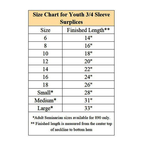 890 Square Neck Altar Server Surplice sizes and specifications