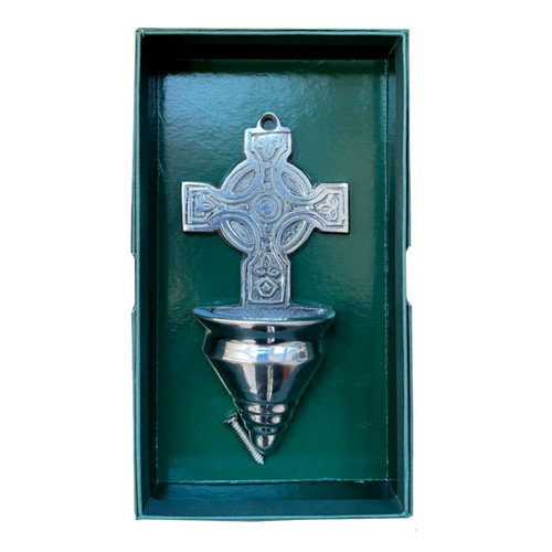 White Metal Celtic Cross Font in Box