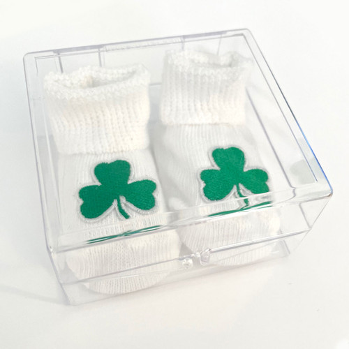 Shamrock White Baby Booties in Clear Plastic Box