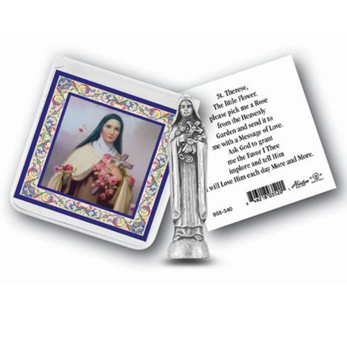 Mini Saint Therese Statue, prayer card, and clear plastic pouch