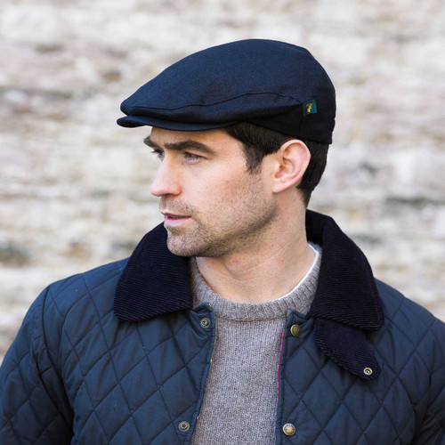 Black Linen Mucros Cap Made in Ireland on Model