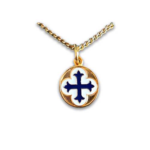 Gold Plated, Round Blue Cross Necklace on 18" chain that comes gift boxed