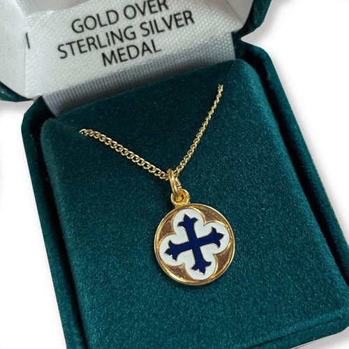 Round Blue Cross Necklace in the deluxe jewelry gift box