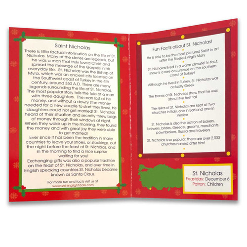 St. Nicholas Information Card with St. Nicholas Prayer that comes with the Boxed St. Nicholas Shining Light Doll