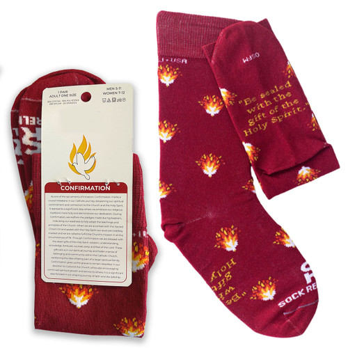 Confirmation information tag and words on bottom of the Holy Spirit Socks Pair