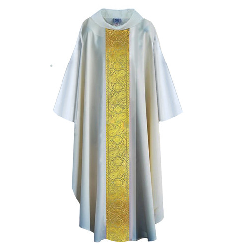 MDS 075 Chasuble with Gold Jacquard Banding -White w/collar