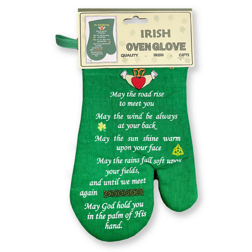 Claddagh Irish Blessing Oven Mitt with label tag