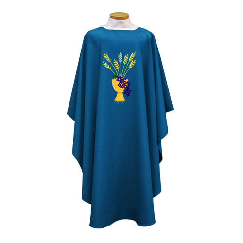 873 Chasuble with Chalice, Wheat & Grapes Design Blue