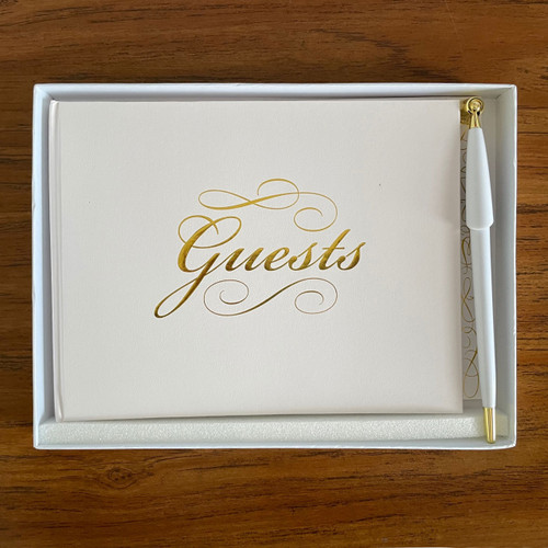 White Wedding Guest Book with Pen in the box