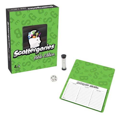 Scattergories Bible Edition with game parts showing