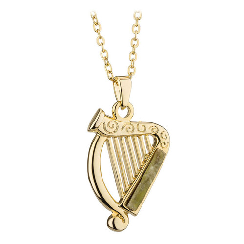 Gold Plated Irish Harp with Connemara Marble Pendant