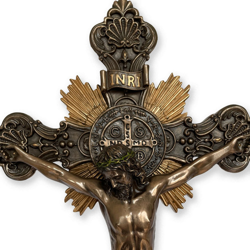 Detail of the Bronze Tone 11"x24" St. Benedict Cross