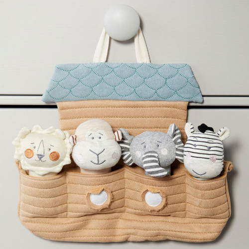 Plush Noah's Ark Play Set shown hanging on a doorknob Plush Noah's Ark Play Set shown hanging on a doorknob