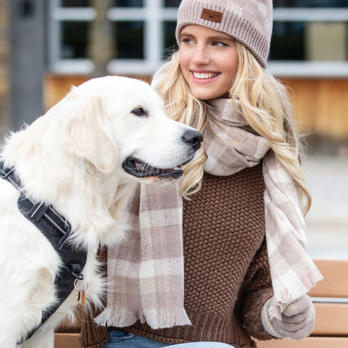 Tan Plaid Winter Scarf shown with coordinating pom hat and gloves