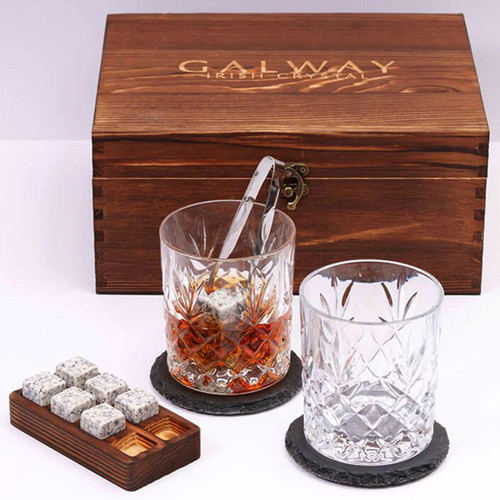Wooden box with the cooling stones inside their holder, 2 slate coasters, Renmore whiskey tumblers and the tongs