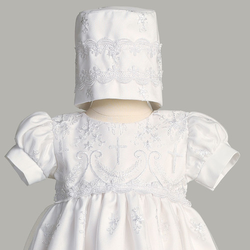 Detail of the Savannah Baptismal/Christening Gown bonnet and bodice