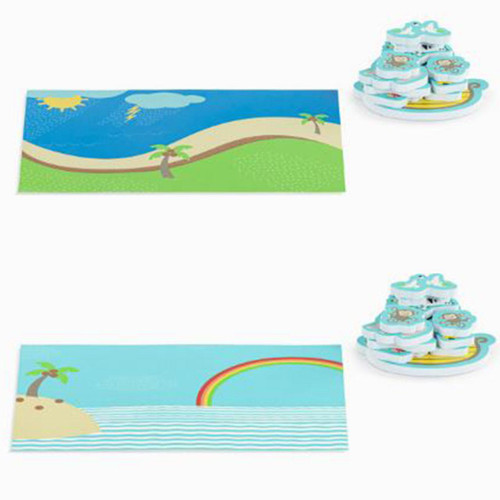 Reversible mat shown with both sides and the 12 foam activity figures