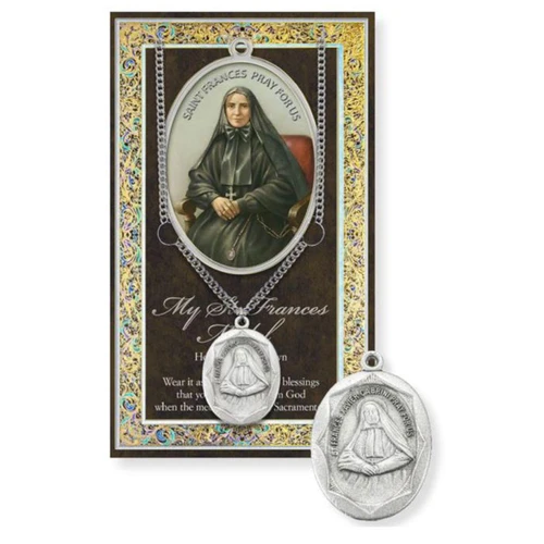 Pewter St. Frances Mother Cabrini Necklace and pamphlet