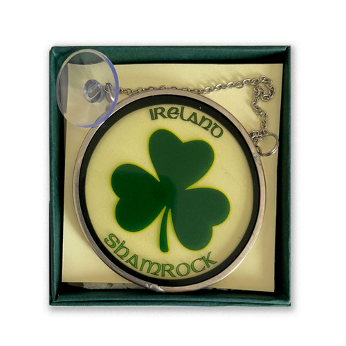 Glass Shamrock Suncatcher shown in the box with suction cup and chain