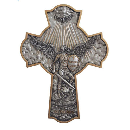 16IN St. Michael Crucifixion Plaque with pewter style finish and gold trim