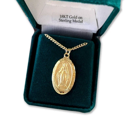 Oval Gold Plated on Sterling Silver Miraculous Medal Necklace with 18" chain