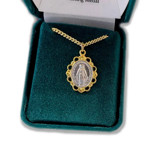 Gold & Sterling Scalloped Miraculous Medal with 18" surgical stainless steel chain