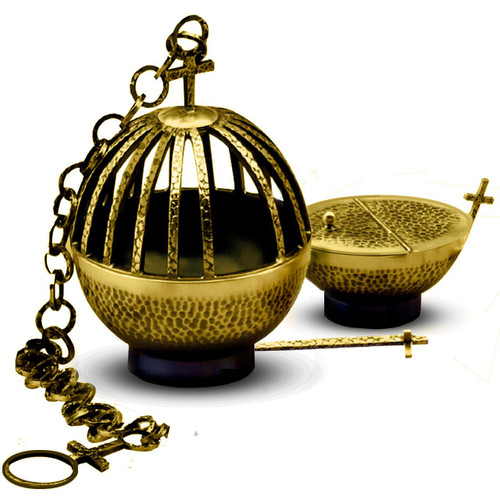 675 Censer & Boat Hammered Texture Brass