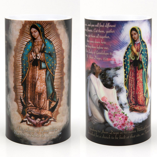 Front and Back of the 4X7 LED Our Lady of Guadalupe Candle