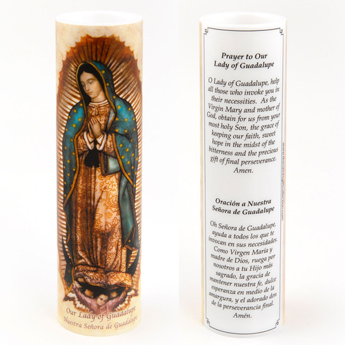Front and Back of the 2X8 LED Our Lady of Guadalupe Candle