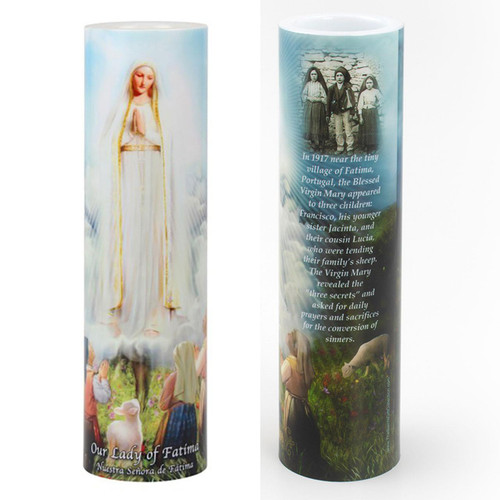 Front and Back of the 2X8 LED Our Lady of Fatima Candle