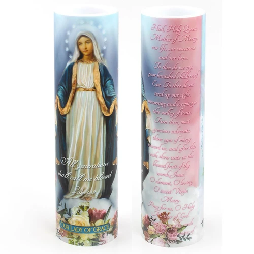 Front and Back of the 2X8 LED Our Lady of Grace Candle