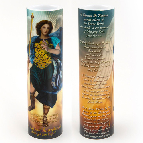 Front and back of the 2X8 LED St. Raphael Candle