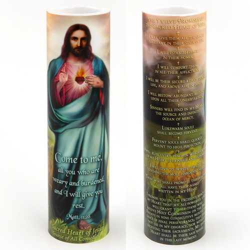 Front and Back of the 2X8 LED Sacred Heart 12 Promises Candle Front and Back of the 2X8 LED Sacred Heart 12 Promises Candle