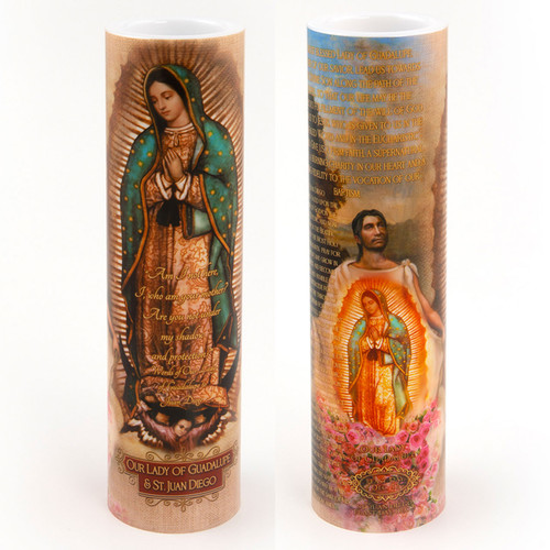 Front and Back of the 2X8 LED OL Guadalupe and St. Juan Diego Candle