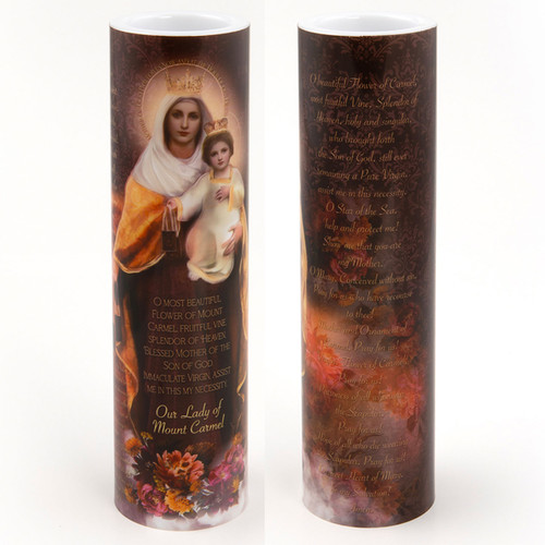 Front and Back of the 2X8 LED Our Lady of Mount Carmel Candle
