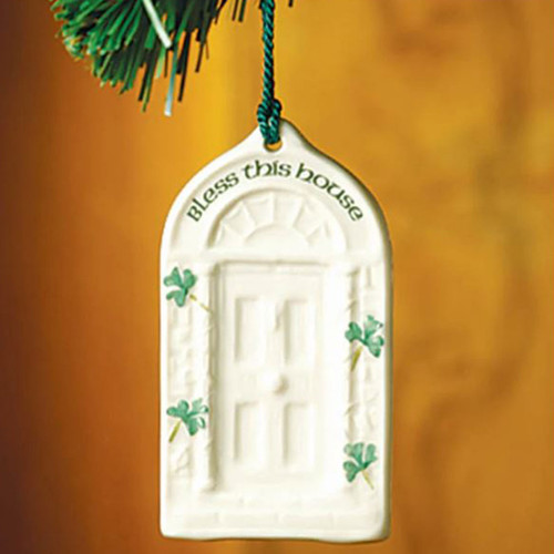Belleek House Blessing Ornament shown hanging on a tree