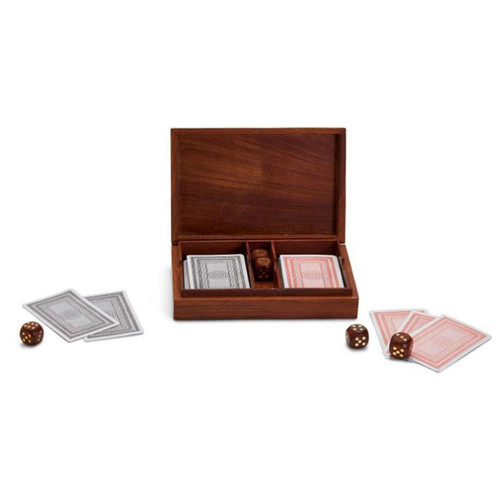 View of entire Playing Cards & Dice Wood Box Set with 5 dice and two playing decks