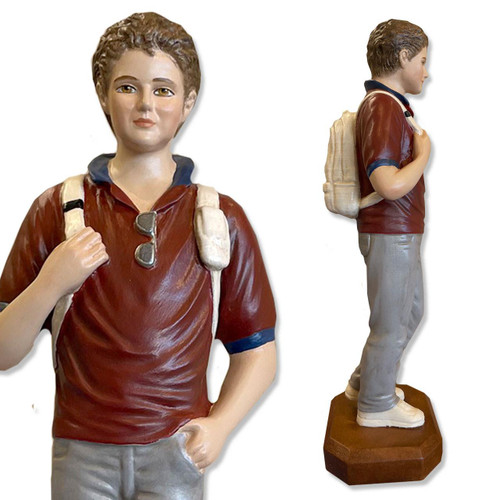 Detail photo and side view of the 10 IN Carlo Acutis Statue