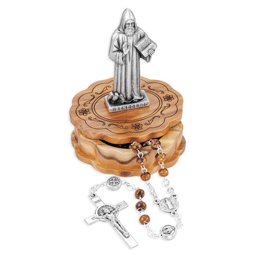 St. Benedict Statue, Wood Rosary & Case