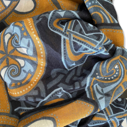 Details of the Celtic Scarf in Navy and Gold patterns
