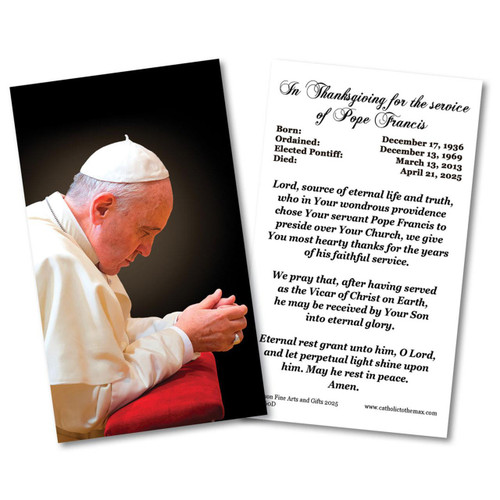 Laminated Pope Francis Thanksgiving Prayer Card showing front and back