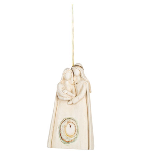 Resin Ornament of the Holy Family shown with the gold hanging cord