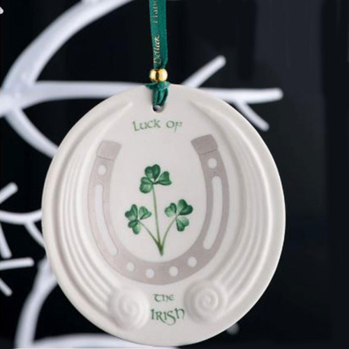 Belleek Luck of the Irish Ornament shown hanging