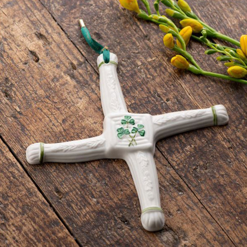 Belleek St. Brigid Wall Cross shown in a home setting